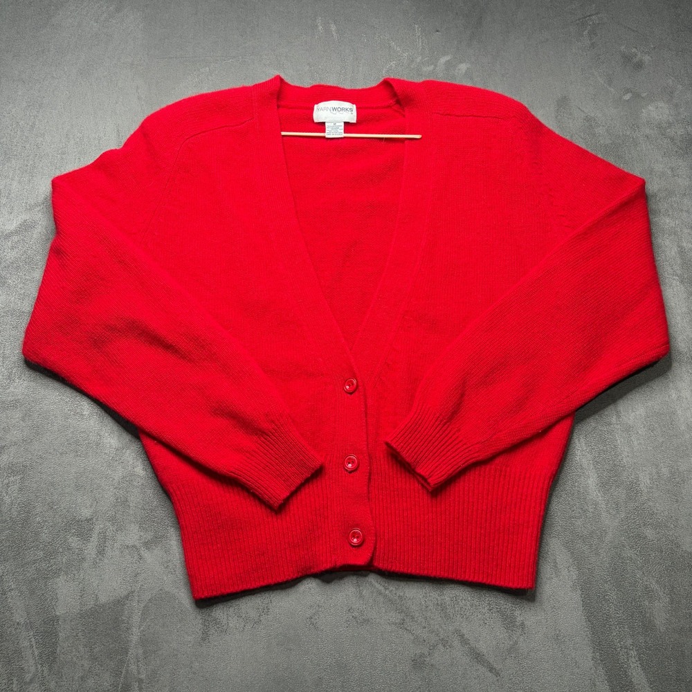 Vtg 90s Yarnworks Cardigan Womens Sz M Red Lambswool Angora V Neck Shoulder Pad